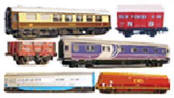 N gauge model railway rolling stock. Passenger coaches and goods wagons.