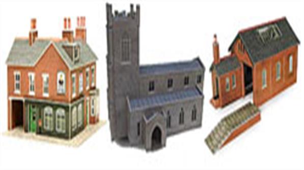 Metcalfe Models N scale range of full colour ready printed and pre-cut card construction kits. Railway, town and countryside buildings.