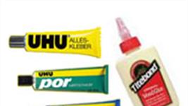 General purpose adhesive glues and wood glues. UHU and PVA glues from Pacer, Deluxe Materials and Gorilla.