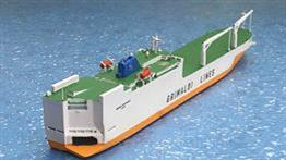Detailed 1:1250 scale models of ro-ro roll-on roll-off freight ships and bulk car carriers delivering new cars around the world.