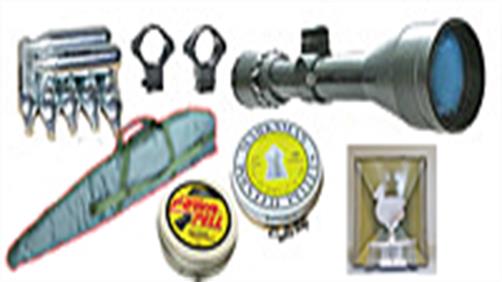 Air gun and rifle accessories including CO2 cylinders, gun oil, cleaning kits, sound moderators and spare magazines.