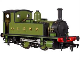 A finely detailed model of London &amp; South Western Railway B4 class 0-4-0 shunting engine 82 finished in dark green livery.