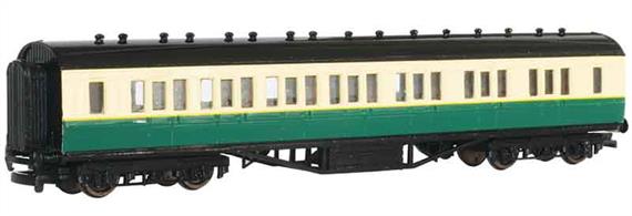 Model of a composite passenger coach from Gordon the big engine's express train from the Thomas the Tank Engine books and TV series.