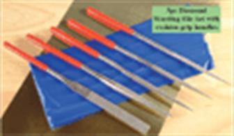 5-piece diamond warding file set with cushion grip handles. Set contains flat, half round, round, 3-sided and square files. Files areÂ 180mm long, maximum widths vary from 5mm to 10mm.