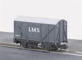 Model of a standard type covered box van finished in LMS grey livery.Railway companies all had a stock of their own vehicles for carrying goods and merchandise around their network, and also onto other companies' routes as and when required. These were integrated into British Railways at Nationalisation; some of them to be once more re liveried under sectorisation as the network was prepared to be returned to private ownership. All Peco wagons feature free running wheels in pin point axles. The ELC coupling, whilst compatible with the standard N gauge couplings, keeps a realistic distance between the vehicles and enables the PL-25 electro magnetic decoupler to be used for remote uncoupling.