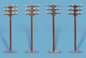 Pack of 8 finely detailed lineside telegraph poles with extra-wide top cross-bars to allow for the width to be cut down as required.