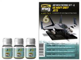MIG Productions 7419 US Navy Grey Jets Air Weathering SetSet for washes for defining panel lines of modern jets such as those from the US Navy.Set with 3 Panel Line Wash Jars - 3 x 35mlIncludes 3 colours from Panel Line Wash line allowing you to easily outline aircraft.