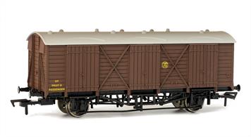 The large GWR Fruit D express fruit van is returning with improved tooling. This model is painted in the GWRs' brown livery with 1934 roundel or shirtbutton logo.These large 4-wheel vans were introduced in the late 1930's for express delivery of fresh fruit and could be conveyed by many passenger train services. Although designed as ventilated fruit vans the vents could easily be closed and the Fruit D was frequently used as a parcels and luggage van.