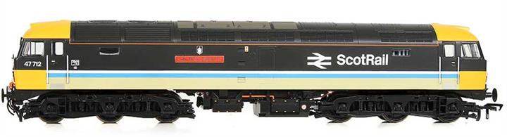 Highly detailed new model of the Brush/BR class 47 diesel locomotives, built from 1962 as British Rails' standard general purpose diesel locomotive type. 512 locomotives were constructed and almost 50 are still registered for service today. Bachmann designed a completely new class 47 model during 2020/21 incorporating an extraordinary level of locomotive-specific detailing, allowing almost any of the class to be modelled at any time period, complete with changes to external fittings, visible modifications and accident repairs.This model is finished as class 47/7 locomotive 47712 Lady Diana Spencer, one of the pull-push fitted locomotives for the Glasgow-Edinburgh shuttle service, in the ScotRail version of InterCity livery with light blue body stripe.Model fitted with a DCC controlled sound system.