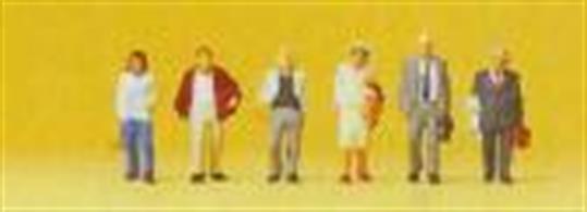 A pack of six ready painted men and women travellers with luggage.Height approx 9mm