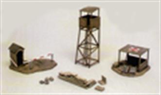 Italeri 1/72 Battlefield Buildings 6130A selection of battlefield scene buildings including an observation/watch tower, first aid post and checkpoint with barrier. A sand bag wall and packing, crates are also, supplied.Glue and paints are required to assemble and complete the model (not included)