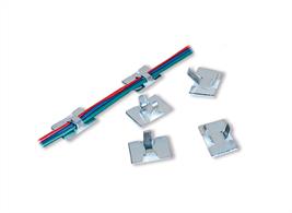 A pack of 20 self-adhesive cable clips, ideal for keeping wiring under control under layouts and inside larger models.