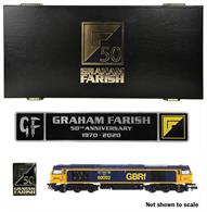 The Graham Farish class 60 model features a highly detailed bodyshell allied with a carefully designed diecast chassis which keeps cab interiors clear and provides space behind the large bodyside grilles to show the body structure and visible internal equipment. A centrally mounted motor drives all six axles giving plenty of power for hauling long freight trains.Wire handrails and sanding pipes and direction controlled lighting really makes the locomotive stand out when running.Standard N gauge couplers are fitted, a small additional bag is supplied containing the deep headstock plates and plows, plus the air brake pipes for modellers wishing to finish their models with these.Era 8. DCC sound fitted. Length 144mm.
