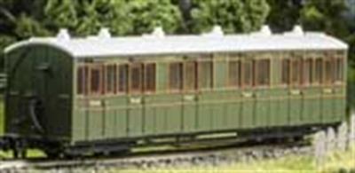 This model of the L&amp;B enclosed composite coach with compartments for 1st and 3rd class passengers faithfully recreates coach 6364 of the Southern Railway in green livery. Modelled from official drawings, contemporary notes and photographs, although at first glance the coach appears to be quite plain, close inspection reveals a wealth of subtle detail in the painting and printing.The Lynton and Barnstaple Railway ordered 16 passenger carriages from the Bristol Wagon and Carriage Works Co. The vehicles delivered were among the largest and best equipped narrow gauge coaches running in Britain and, of substantial construction, stood up well to service across the North Devon moors. All joined the Southern Railway stock in 1923 and received a coat of Maunsell olive green, which they retained until the closure of the L&amp;B in 1935.Length 167mm over couplings