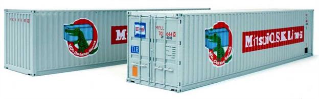 Pack of 2 40 foot length ISO shipping containers finished as Mitsui Line containers with weathered finish.