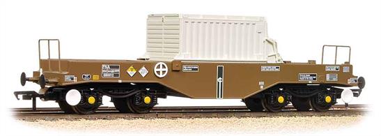 A detailed model of the FNA smooth sided nuclear flask carrier wagon with hood cover in place. This early build wagon has flat floors on the ends and round head buffers.