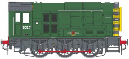 Highly detailed O gauge model of the British Railways standard 350bhp heavy shunting diesel locomotives, later known as class 08. This model is finished as D3201 painted in BR plain green livery with crests on the battery box. This is the standard BR green livery applied during the 1960s with wasp striped ends to improve the visibility of an approaching locomotive.