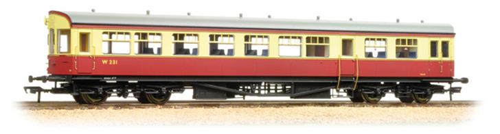 A new and detailed model of the BR built GWR design auto-trailers for push-pull train operations. These trailer coaches featured a three-window bowed front end, providing the driver with a good view of the line when the coach was being propelled. The basic design was unchanged from the GWR coaches, but the body is of a more modern smooth side construction.Model painted in the BR crimson and cream livery, usually reserved for express passenger trains, but often applied to these auto trailers at partisan GWR workshops.Era 4 - Early British Railways, 1948-1957. NEM plug-in couplers. Length 139mm.Matches 64xx 0-6-0 pannier locos 371-986 (BR black) and 371-987 (BR lined green) and Dapol 14xx class 0-4-2 locos in BR liveries.