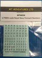 Set of Royal Navy pennant number decals in 1:700 scale. Type letter and number decals are separate to allow any combination to be created. Multiples of each number are available so several ships can be completed from the sheet.