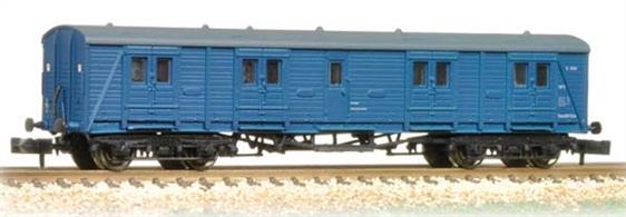 A new and detailed model of the Southern Railway Bogie B passenger luggage van.These vans were used to haul the large volumes of luggage required by international ocean liner passengers and also for mail and express parcels services. Although steadily displaced by Mk.1 standard design vans a number of these Southern vans were still in regular service in 1980.This model is painted in the British Rail corporate blue livery carried from the 1970s onwards.Eras 6-7 1966-1982