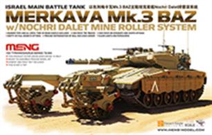 Meng TS-005 1/35 Scale Israeli Main Battle Tank Merkava MK3 BAZ with Nochri Dalet Mine Roller SystemDimensions - Length 324mm Width 111mm.The unique shape of the tank is precisely reproduced and both rubber type and all-steel type road wheels are included. All baskets can be built to be empty of full, separate side skirts, one-piece TPE tracks and precise and workable Nochri Dalet mine roller parts are included. Decals for 2 versions are provided as are detailed assembly instructions.Glue and paints are required to assemble and complete the model (not included)Click on the More link to view related products.