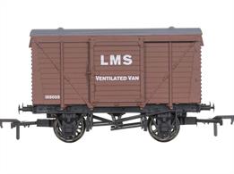 Model of a LMS sliding door ventilated box van number 155035 in bauxite livery.