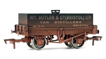 Dapol4F-032-006 OO Gauge Wm. Butler, Tar Distillers of Bristol Rectangular Tank Wagon Weathered FinishWm. Butlers' tar tanker is a well-known wagon, its' photograph is frequently used to illustrate the rectangular tank wagon design.These tank wagons were used to collect coal tar, a by-product of coal gas production, for refining to extract more useful petro-chemicals. Butlers' tar wagons would have travelled widely to collect raw materials from gas companies, particularly around the south-west and west midlands, supplying the companys' plants at Bristol and Gloucester.The company originates in the GWR broad gauge era, Mr Butler being appointed by Mr Brunel to run the timber treatment plant in Bristol. Later forming his own company Butlers are still operating today as suppliers of industrial oil products like heating oil.