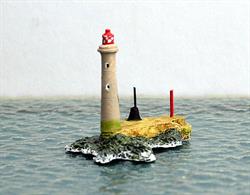 A 1/1250 scale model of the lighthouse on the isloated Wolf Rock to the southwest of Cape Cornwall. Wolf Rock lighthouse is modelled here for its appearance during the 20th century when it was manned and relief of lighthouse keepers was by boat.