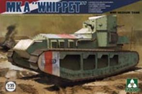 Takom 2025 1/35 Scale WW1 Mk.A Whippet Medium Tank AThe model features easily assembled workable tracks and moveable wheels. Hatches can be opened. Photo etched parts are included for fine details. Decals are supplied for 10 variants. Comprehensive instructions are included.