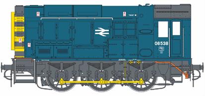 Highly detailed O gauge model of the British Railways standard 350bhp heavy shunting diesel locomotives, later known as class 08. This unnumbered model is finished in BR rail blue livery with double-arrows logo on bonnet sides and wasp stripe ends. This is the standard rail blue livery applied from the late 1960s and carried by the majority of the 08 fleet into the late 1980s.