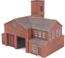 Card construction kit building a modern style fire station structure with a double fire engine garage, side workshop/offices, upstairs mess room and training tower at the rear.Footprint 109mm x 106mm.
