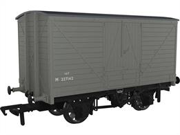 A highly detailed model of the LNWR D88 design covered box van finished in British Railways grey livery as number M227142.Detail featuresSquare headstocks, Wooden roof, 2-rib buffers, Vertically-planked doors, Flat-fronted axleboxes, Split-spoke wheels.