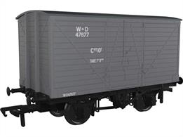 A highly detailed model of the LNWR D88 design covered box van finished in grey livery as War Department van 47877, as preserved.This wagon most likely finished it's working life as an internal user wagon at a military depot, hence the fitting of more modern disc wheelsets and survival to preservation.Detail featuresIncurved headstocks, Wooden roof, 3-bolt buffers, Horizontally-planked doors, Flat-fronted axleboxes, Disc wheels
