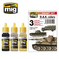 MIG Productions 7102  Deutsche Afrika Korps ColoursSet of accurate colours for painting DAK vehicles from March 19423 Jars - 17mlWith this set modellers can paint vehicles without complex mixtures or hours of research.All products are acrylic and are formulated for maximum performance both with brush or airbrush and the Scale Effect Reduction allowing users to apply the correct colour to their model. Water soluble, oderless and non-toxic. Shake well before use. We recommend MIG-2000 Acrylic Thinner for correct thinning. Dries completely in 24 hours.