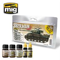Set with essential and necessary products to paint late WWII Sherman tanks, FOR EXAMPLE any of those which appears in ‘Fury’ motion picture. The easiest and fastest solution for all modellers, from the experienced modeller who needs basic products for these vehicles to the newcomer that needs the neccesary ítems to begin to paint a Sherman. A basic compilation of some of the better AMMO products.This set includes:-2 acrylic colors for green base and black camouflage: A.MIG-926 Olive Drab Base and A.MIG  046 Matt Black.-Enamel wash A.MIG-1005 Dark Brown, to highlight details.-Enamel effect A.MIG-1402 Fresh Mud, to make mud and splash. This can be mixed with plaster to create volumen and texture.-Pigment A.MIG-3004 Europe Earth, to apply final dust and dirt.