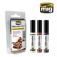 This unique range of Oilbrusher colors for painting and weathering offers the convenience and accuracy that you expect from AMMO by Mig Jimenez. This set contains three tones that will allow you to apply the most realistic insignia colors on your models, making the choice of colors simple.