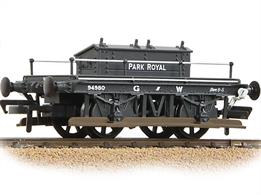 Highly detailed model of the small GWR shunters trucks used to provide a place for the shunter to ride safely around goods yards, coupled to the shunting engine. The box and flat floor of the wagon provided storage space for tools and spares, including shunters poles, brake sticks, train tail lamps and spare couplings.The Bachmann model has been designed to recreate several different designs of shunters trucks as the differences were mainly in detail design. Three versions have been displayed in Bachmanns' display cases covering designs with round turned type handrail knobs, straight angle-iron grab iron brackets and inward-angled angle-iron brackets.This wagon is painted in the GWR goods grey livery lettered for use at Park Royal, a London depot with a number of major businesses including the Guinness brewery and bottling plant.