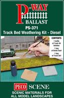Ballast is never clean, and especially so around platform ends, stabling sidings and, of course, in depots. To weather down the ballast in those locations and create a more realistic look Peco have combined their weathering products into this useful pack tailored to recreate the deposits left by diesel locomotives and multiple units