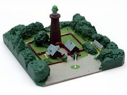 A 1/1250 scale metal model of Lodbjerg Fyr lighthouse, Thy, Denmark. The model includes the land and buildings immediately around the lighthouse itself.