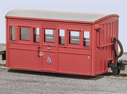 Detailed model of the Festiniog Railway enclosed 4-wheel 'Bug Box' coaches finished as coach number 3 in the red livery carried in the preservation era through the 1970s.Although finished in a plain livery the detailing includes the FR emblem, door handles, notice on the door and running numbers all carefully picked out in fine print.