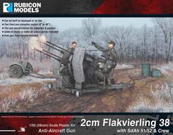 Detailed plastic model kit building a 4 barrel 20mm Flakvierling 38 anti-aircraft artillery mount along with a SdAh 51 transport or SdAh 52 ammunition carrier trailer and gun crew. Kit can be built deployed or loaded for transport.