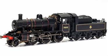 A completely new model of the British Railways standard class 2MT 2-6-0 mogul announced 2020.A direct development of the LMS Ivatt 2MT these engines carried standard BR fittings and revised footplate arrangements. 78010 is presented in early BR lined black livery with lion over wheel emblem.