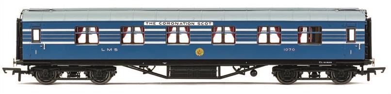 A range of new and highly detailed models of the coaches forming the LMS Coronation Scot train built in 1937.This model is diagram D1960 first class side corridor coach 1070, specially built for the Coronation Scot trains and finished in blue livery.