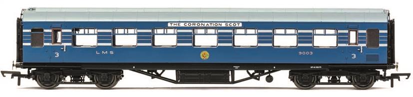 A range of new and highly detailed models of the coaches forming the LMS Coronation Scot train built in 1937.This model is diagram D1981 Restaurant Third class Open (RTO) coach 9003, the open plan seating third class coaches provided for the Coronation Scot train to permit at-seat meals service to be provided. Finished in Coronation Scot blue livery.