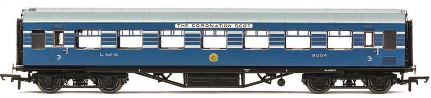 A range of new and highly detailed models of the coaches forming the LMS Coronation Scot train built in 1937.This model is diagram D1981 Restaurant Third class Open (RTO) coach 9004, the open plan seating third class coaches provided for the Coronation Scot train to permit at-seat meals service to be provided. Finished in Coronation Scot blue livery.