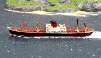 A 1/1250 scale model of freight liner Alaunia of 1960 by Solent Models SOM 20Length 120mm Width 15mm Height 24mm