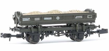 This side tipping ballast wagon design was produced by Metro-Cammell in the 1930s, with the ability to discharge the load to either side of the track. A batch being purchased by the GWR, typically they are used for base ballasting before relaying of a parallel track and spoil removal to a dump site.The type was adopted as a standard design by the British Railways civil engineer in the 1950s with the addition of vacuum train brakes to the majority of the BR built wagons and assigned code name 'Mermaid'.This model is finished in the later standard departmental olive green livery with TOPS code ZJV.