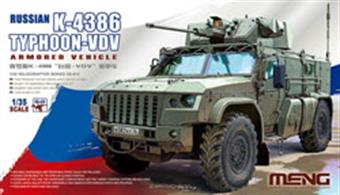 This VS-014 Russian K-4386 Typhoon-VDV Armored Vehicle model kit features movable suspension and steerable front axles. Doors can be built in the open or closed position. Interiors of the cab, the passenger compartment and the turret control system are included. Clear lights, bullet-proof windshield and observation window parts are provided. Precision PE parts are included. Length: 175mm Width: 72.9mm