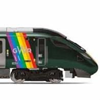 Many of the railway companies have shown their corporate support for staff and customers with diverse gender identities with the painting of trains in the Rainbow diversity flag. GWR Class 800/0 unit 800008 was delivered in June 2018 in a specially designed livery featuring the Pride flag on both driving cars, a livery style or addition frequently referred to as 'Trainbow' livery.This Hornby model of the class 800 IET train comprises the 5 cars of the unit, powered by a 5 pole skew wound motor in one of the cab cars.DCC ready with socket for 8-pin decoder. A HM7000 series DCC &amp; Bluetooth sound decoder available for this train, R7336.