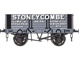 Detailed model of a RCH 1887 design 5 plank open wagon finished in grey livery as wagon number 2 in the fleet of the Stoneycombe Lime &amp; Stone Co.Ltd. of Ipplepen near Newton Abbot.The Stoneycombe Quarry limestone is operated today by Aggregate Industries, with a postal address of Kingskerswell, though nearby Ipplepen was much the larger town through the first half of the 20th century. The quarry was on part of Dainton Hill, just North East of the GWRs Dainton summit tunnel, the quarry plant being served by served by sidings on the down side of the GWR mainline.